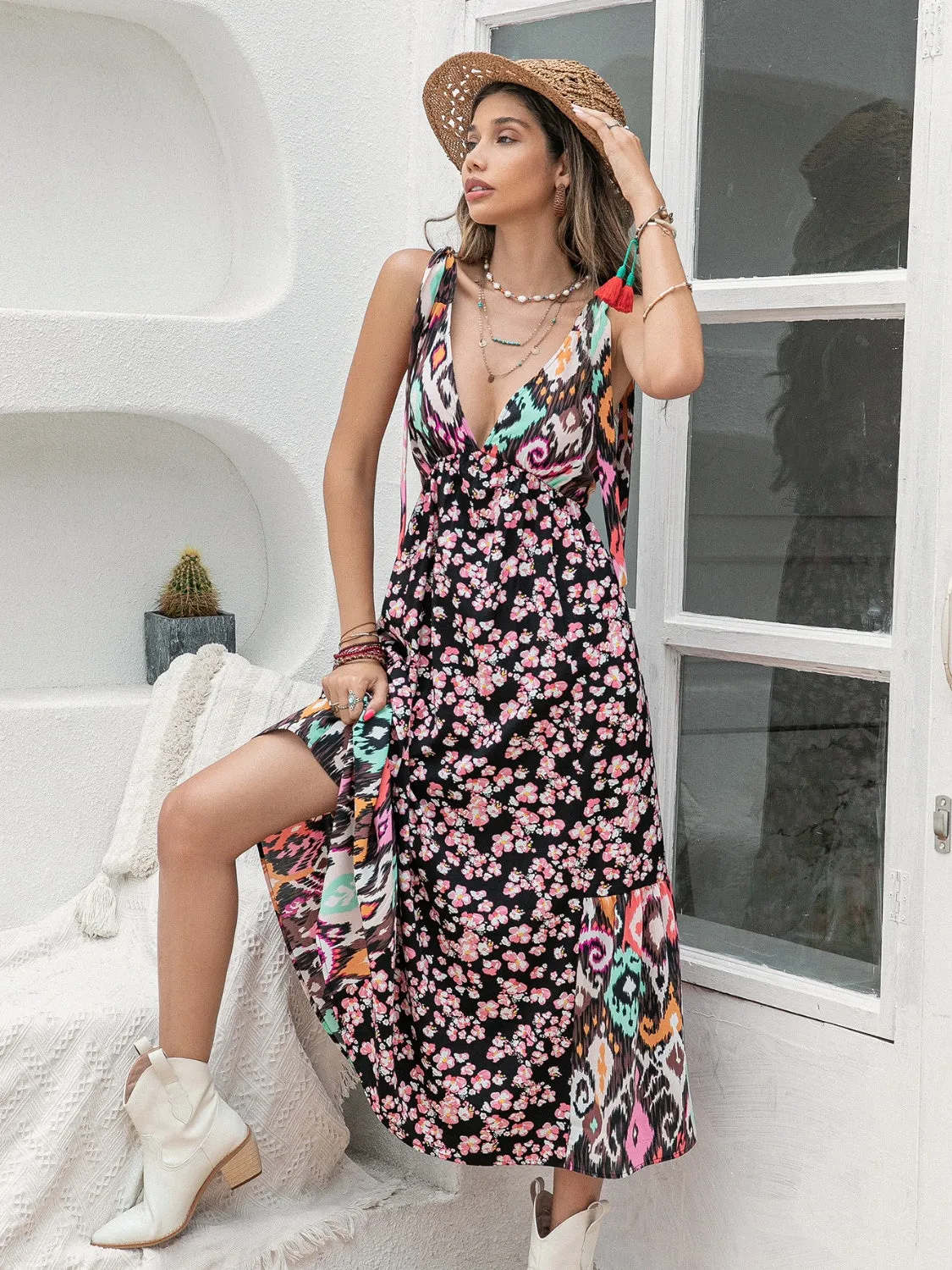 🌼 Printed Plunge Sleeveless Midi Dress 🌼