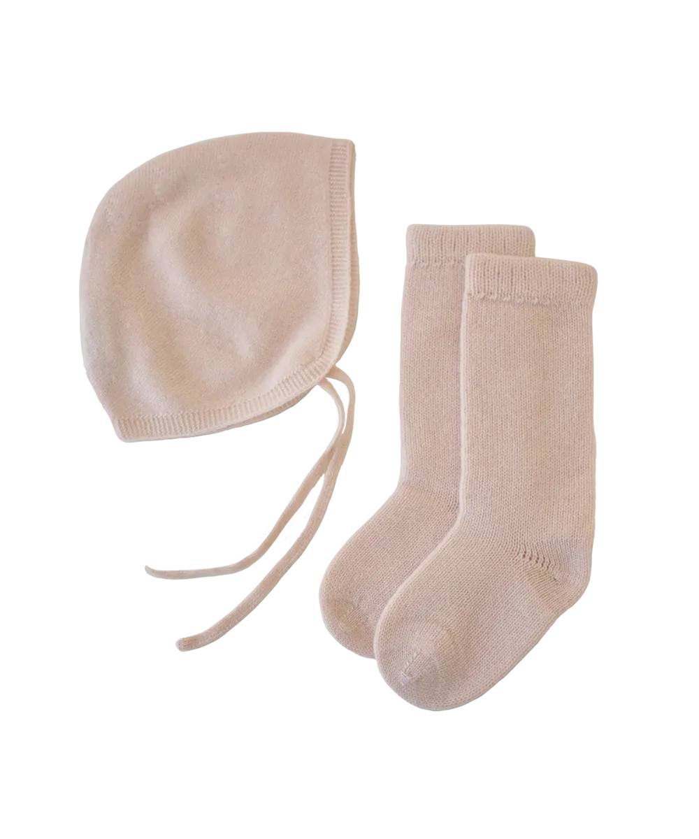 Baby Bonnet   Socks Gift Set - Butter Cream