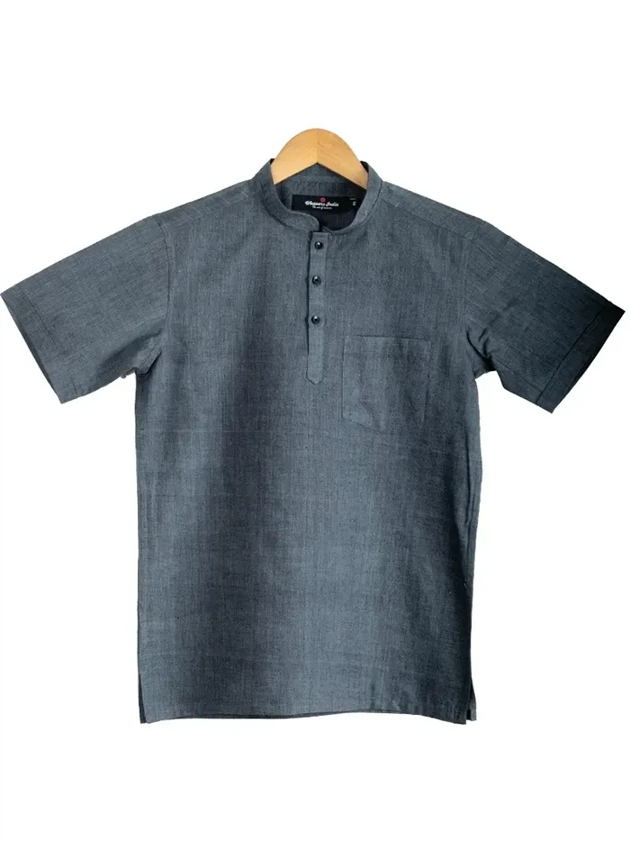 Black Grey Handwoven Organic Cotton Men Short Kurta