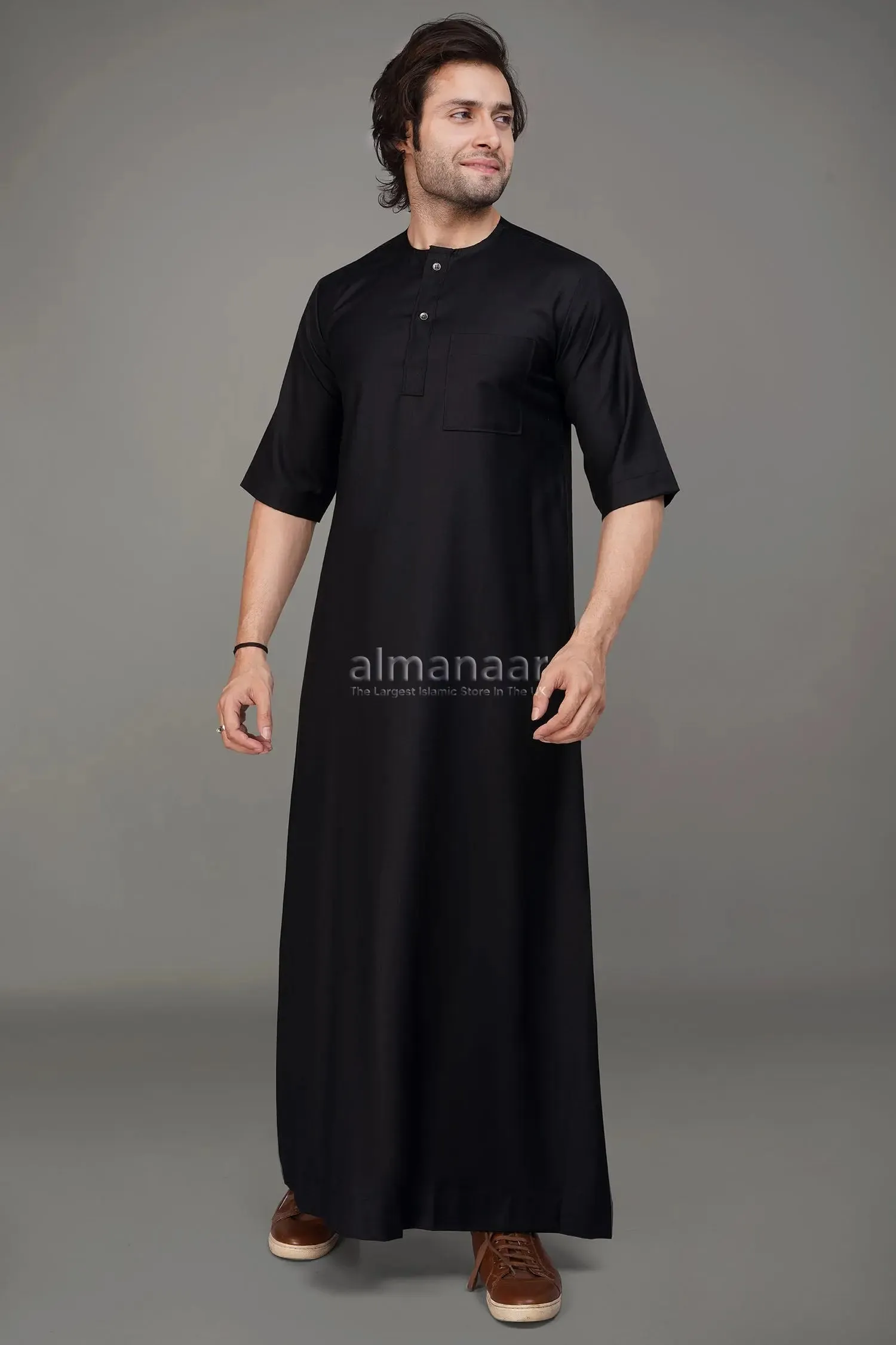 Black Short Sleeve Thobe With Buttons