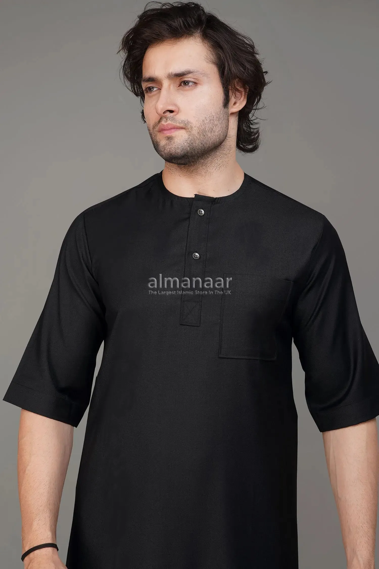 Black Short Sleeve Thobe With Buttons