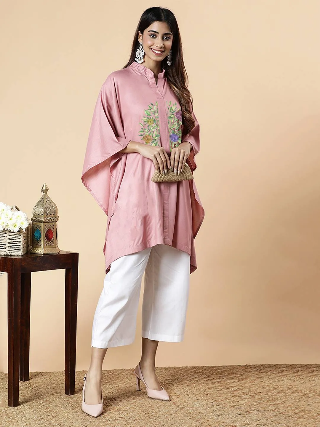 Blush Rayon MandarinKurti - BloomingHarmony