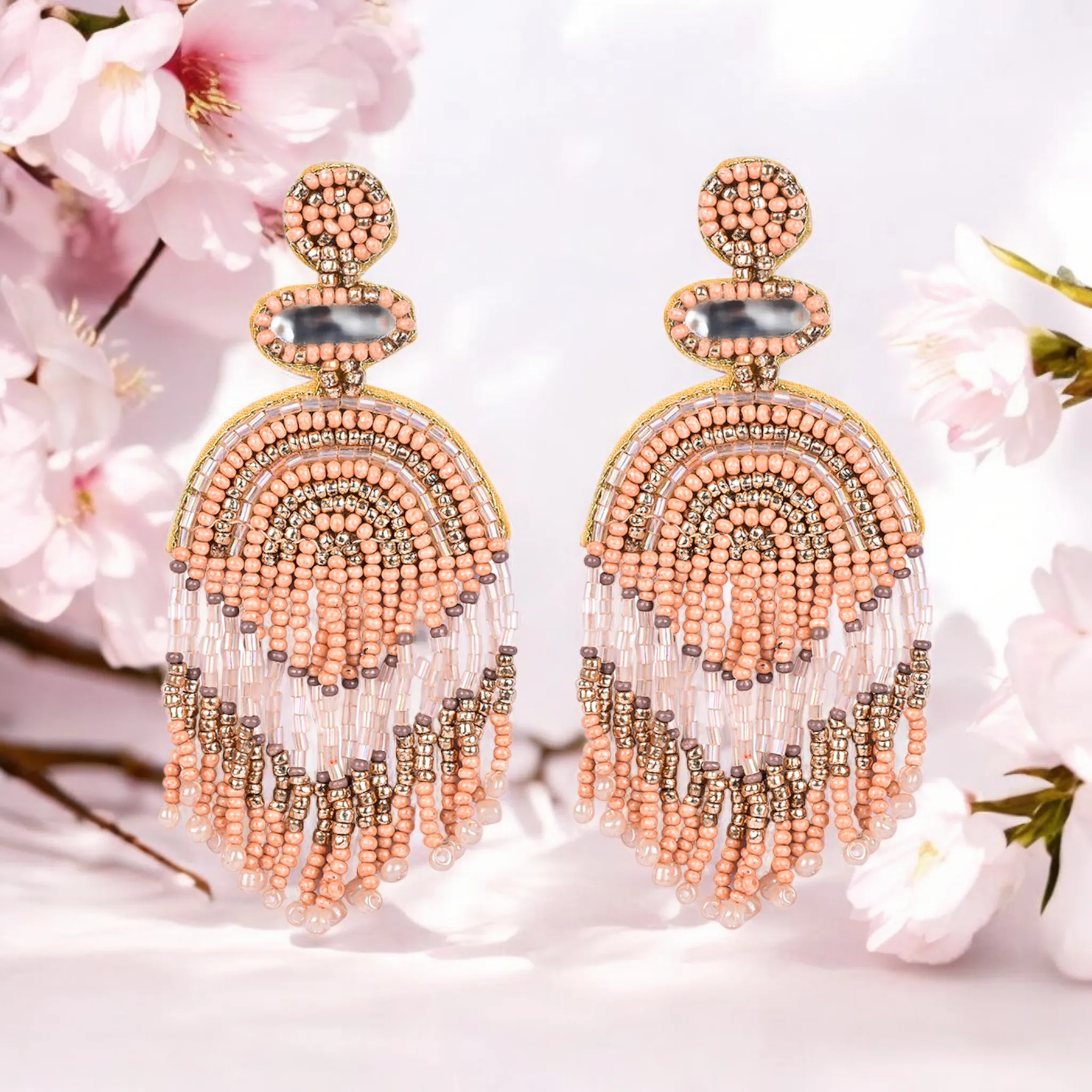 Boho Chic Beaded Dangle Earrings - Peach and Gold Statement Jewellery