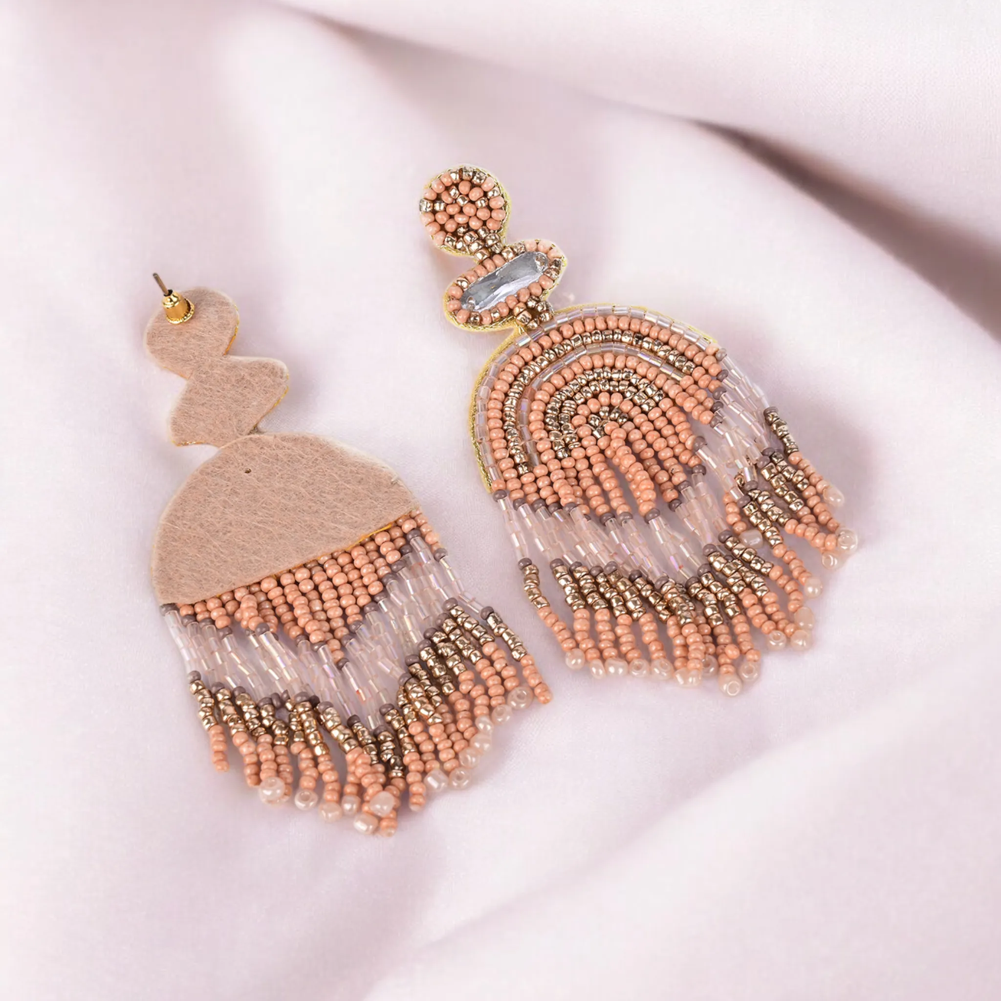 Boho Chic Beaded Dangle Earrings - Peach and Gold Statement Jewellery