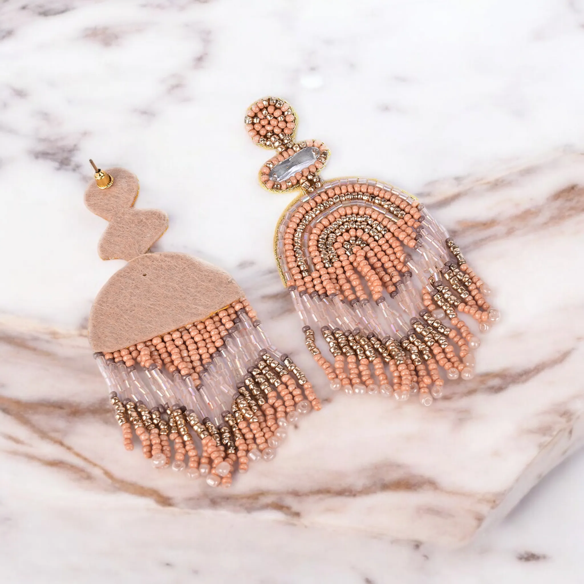 Boho Chic Beaded Dangle Earrings - Peach and Gold Statement Jewellery