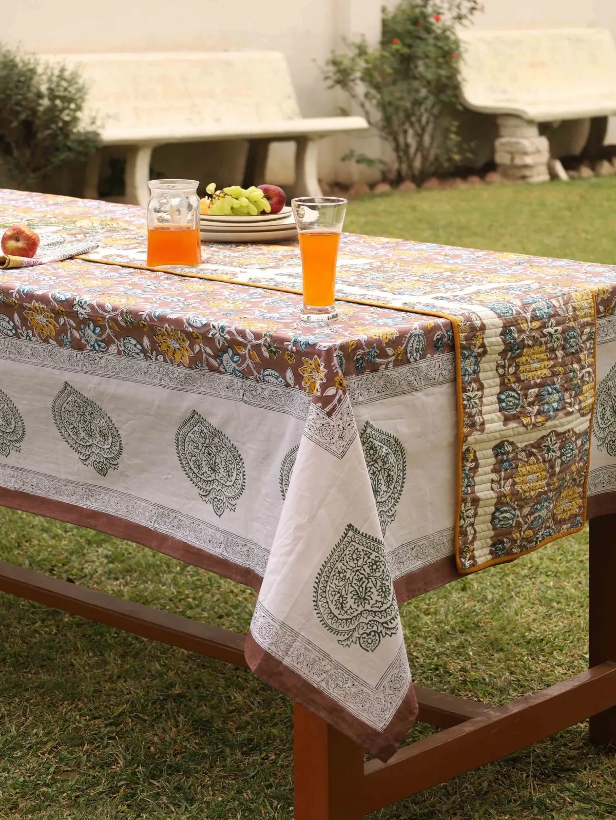 Brown Organic Cotton Table Cover- Floral Design