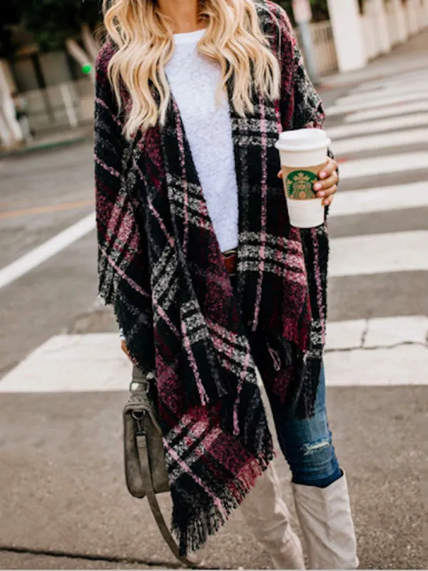 Casual Loose Plaid Tasseled Cardigan Tops