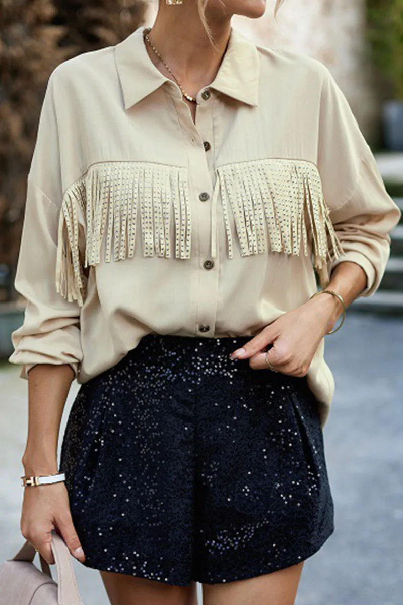 Casual Solid Tassel Shirt Collar Tops