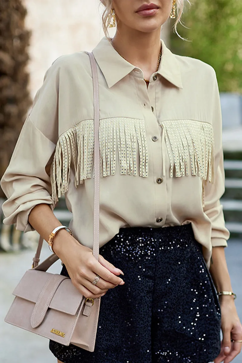 Casual Solid Tassel Shirt Collar Tops