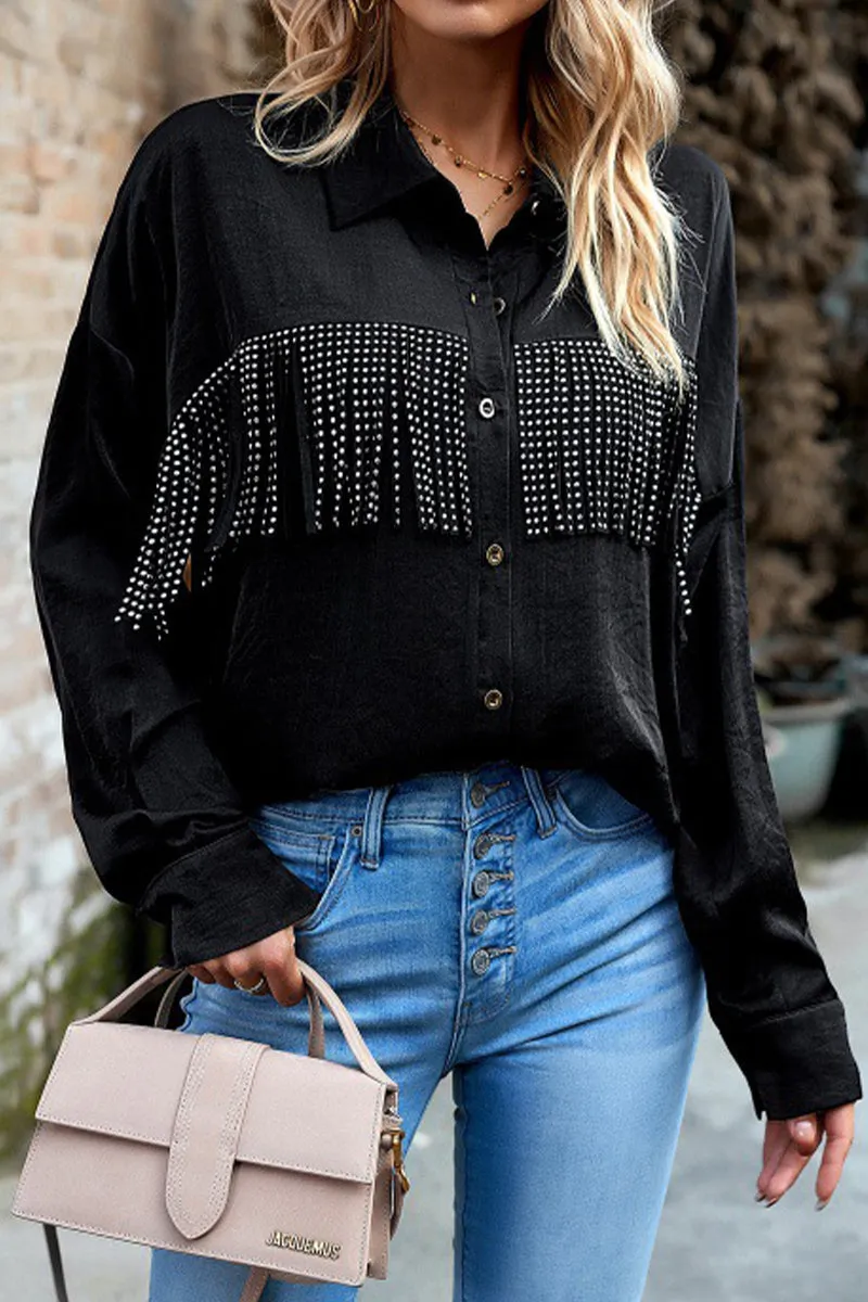 Casual Solid Tassel Shirt Collar Tops