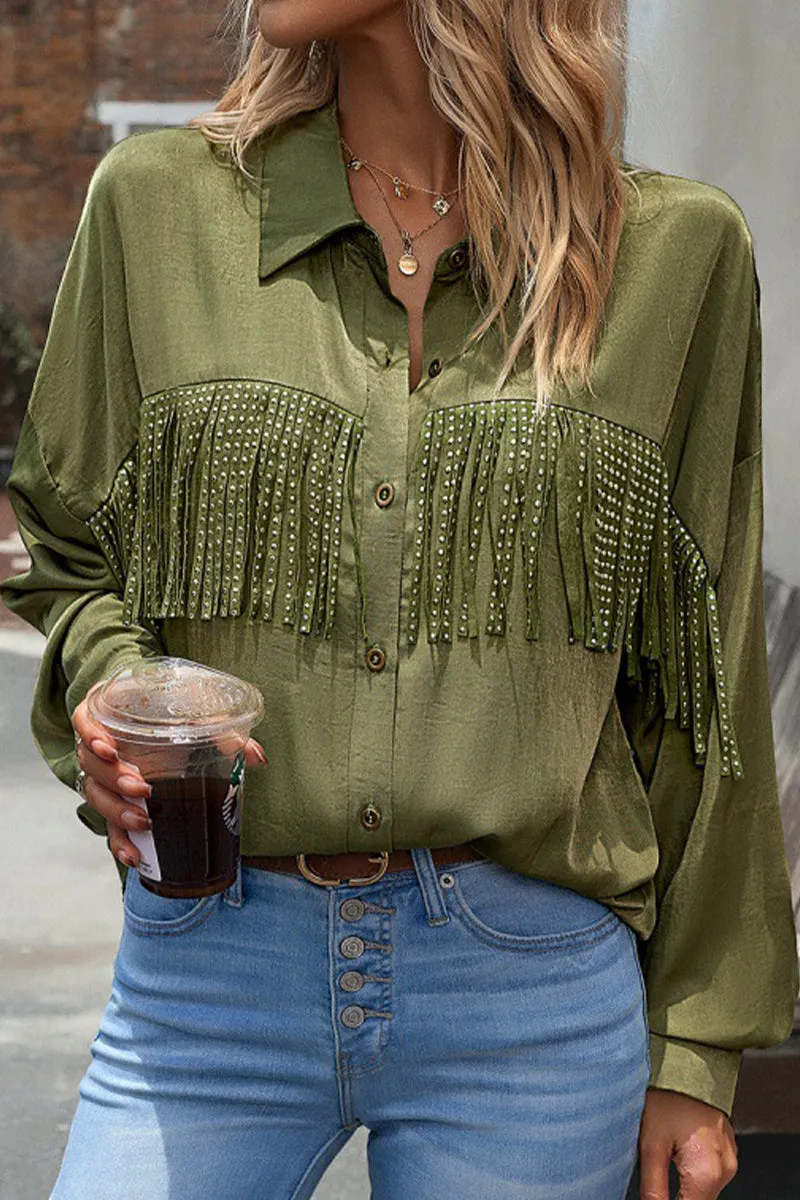 Casual Solid Tassel Shirt Collar Tops