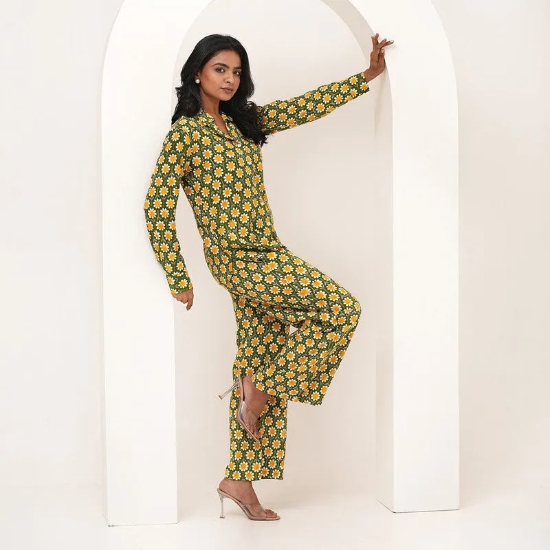 Co-Ord Set For Women | Printed | Plant Based Silk | Yellow & Green