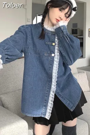 deanwangkt Denim Shirt Coat Women Sweet Lace Ruffles Loose Casual Blouses  Ropa Mujer Fashion Korean Blouses Tops Y2k Clothes