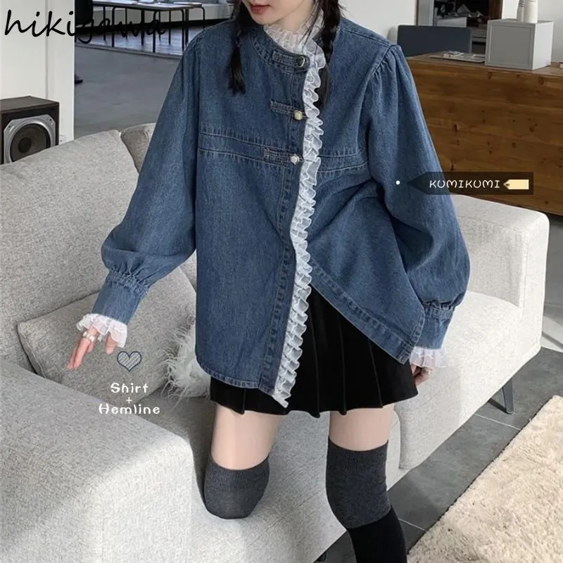 deanwangkt Denim Shirt Coat Women Sweet Lace Ruffles Loose Casual Blouses  Ropa Mujer Fashion Korean Blouses Tops Y2k Clothes