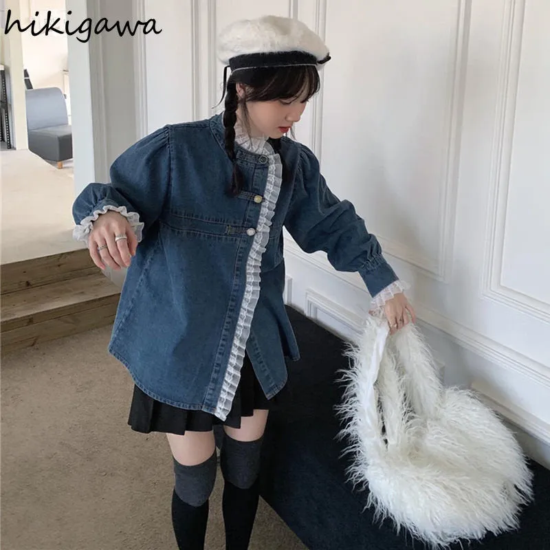 deanwangkt Denim Shirt Coat Women Sweet Lace Ruffles Loose Casual Blouses  Ropa Mujer Fashion Korean Blouses Tops Y2k Clothes