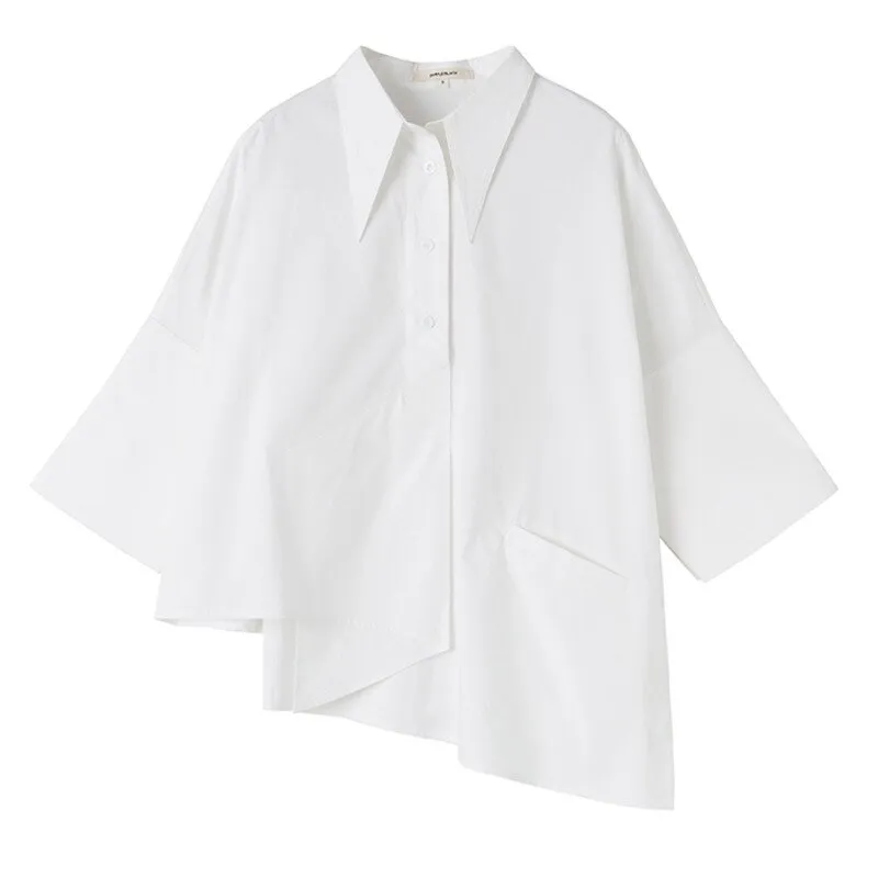 deanwangkt Women White Asymmetrical Big Size Blouse New Lapel Long Sleeve Loose Fit Shirt Fashion Tide Spring Autumn  1R590