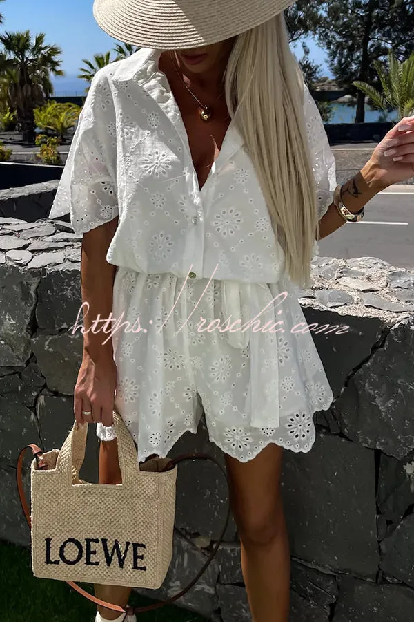 Elegant and Chic Embroidered Lace Flowers Button Up Belted Loose Shirt Romper