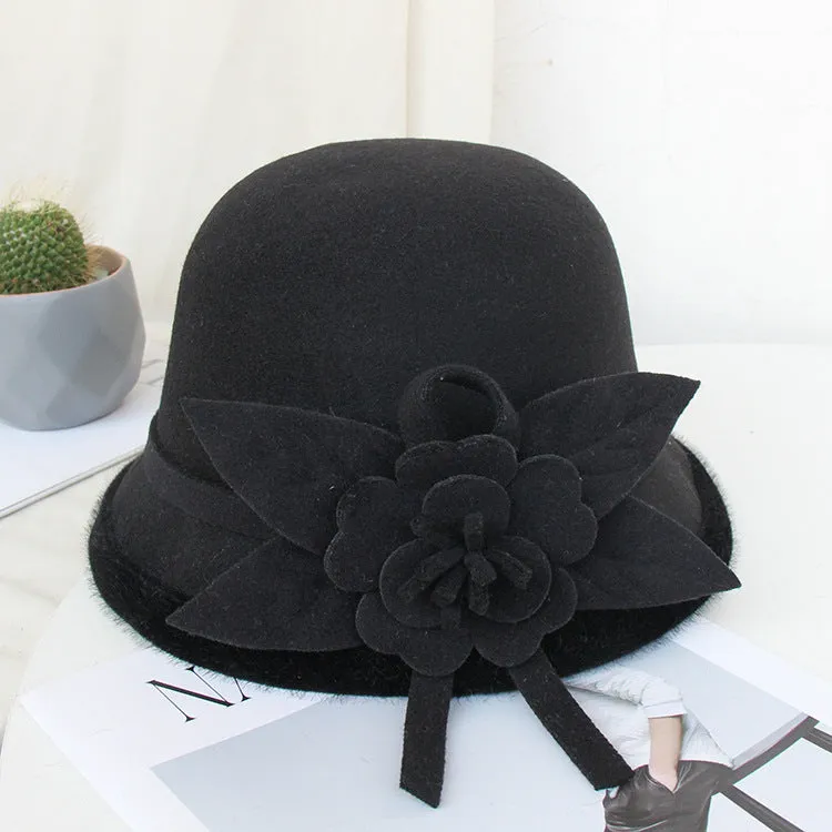 Elegant bowler hat for women Autumn and winter England vintage basin hat fashionable flowers keep warm