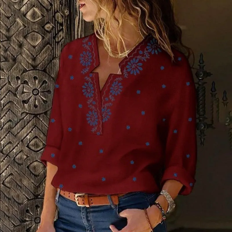 Fashion casual printed top V-neck blouse