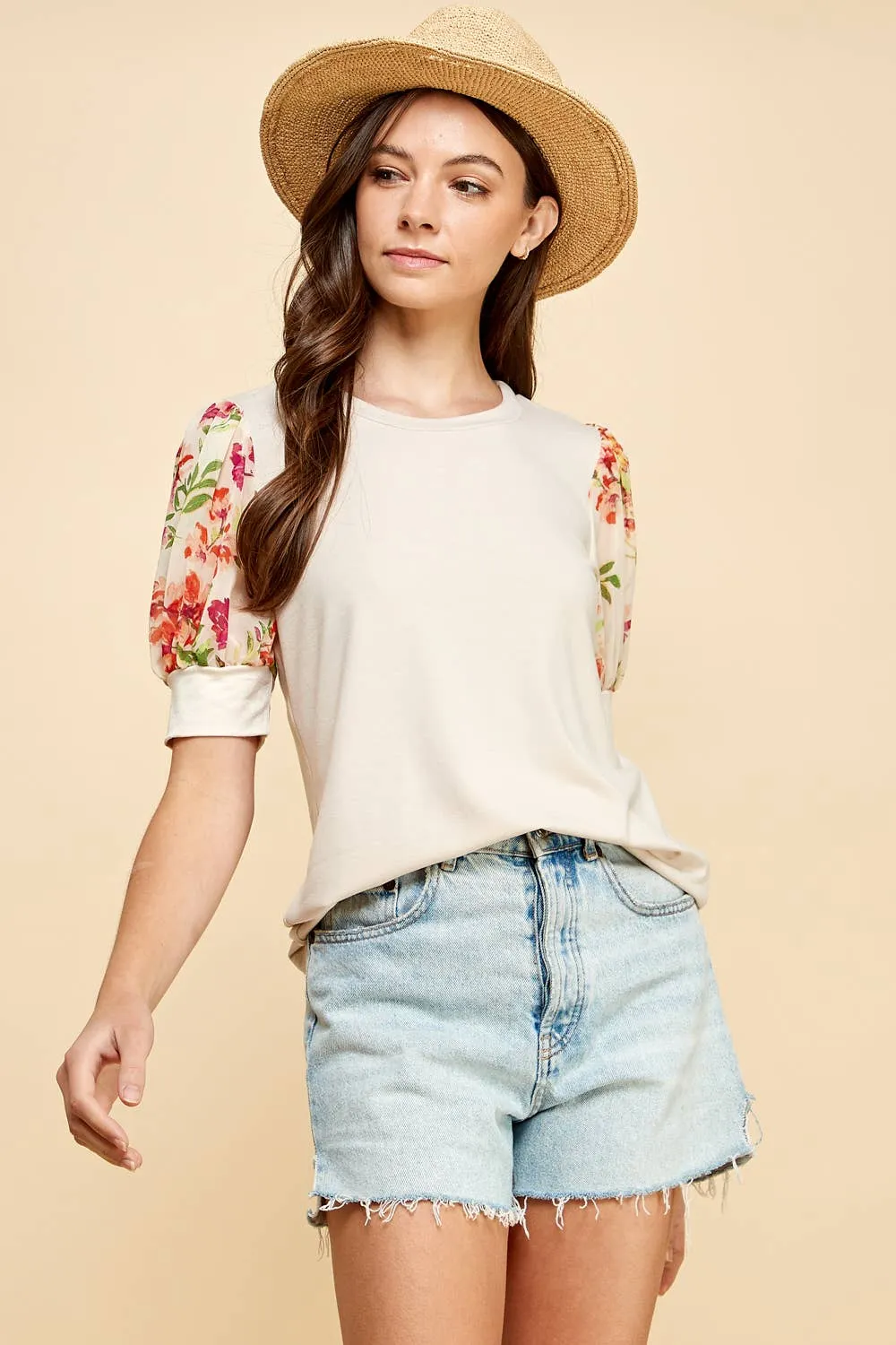 Floral Printed Sleeve Detailed Top in Seashell