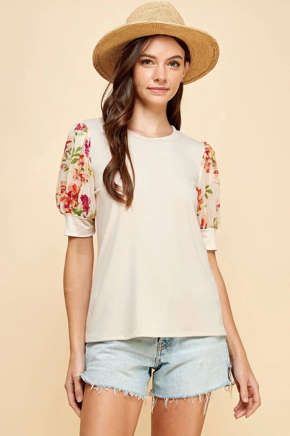 Floral Printed Sleeve Detailed Top in Seashell