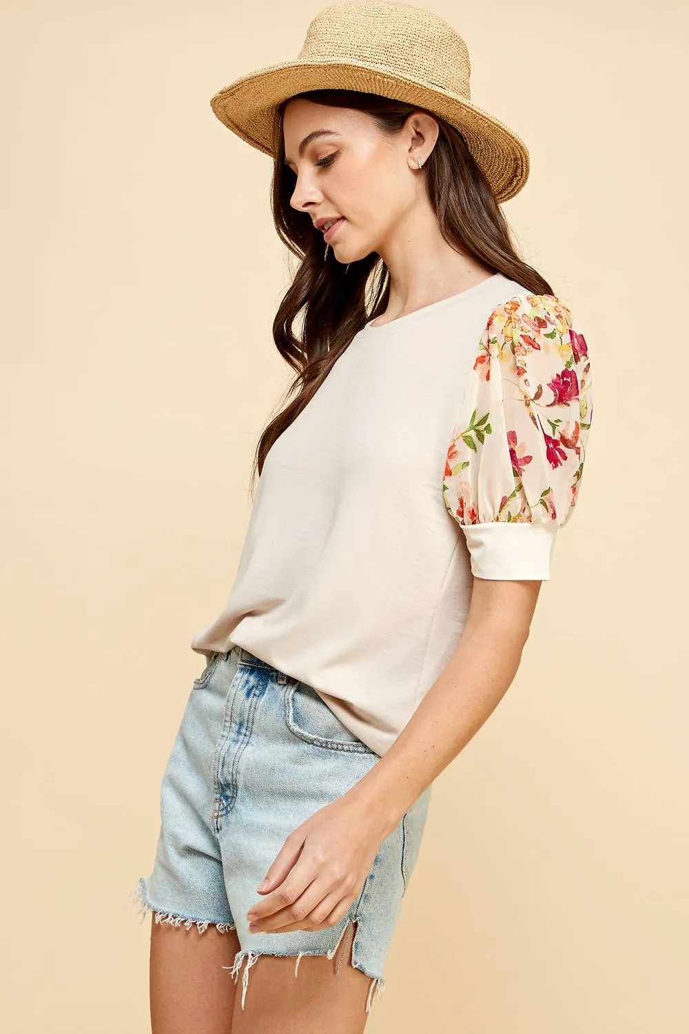 Floral Printed Sleeve Detailed Top in Seashell