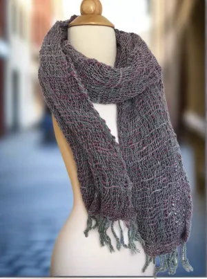 Handwoven Open Weave Cotton Scarf - Grey/Eggplant