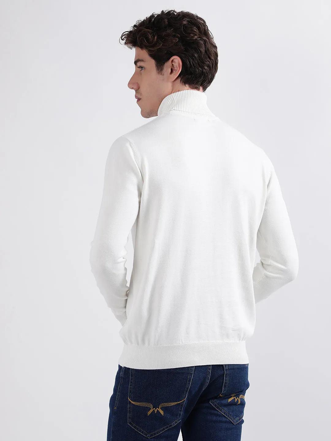 Iconic Men White Solid Turtle Neck Full Sleeves Pullover Style Sweater