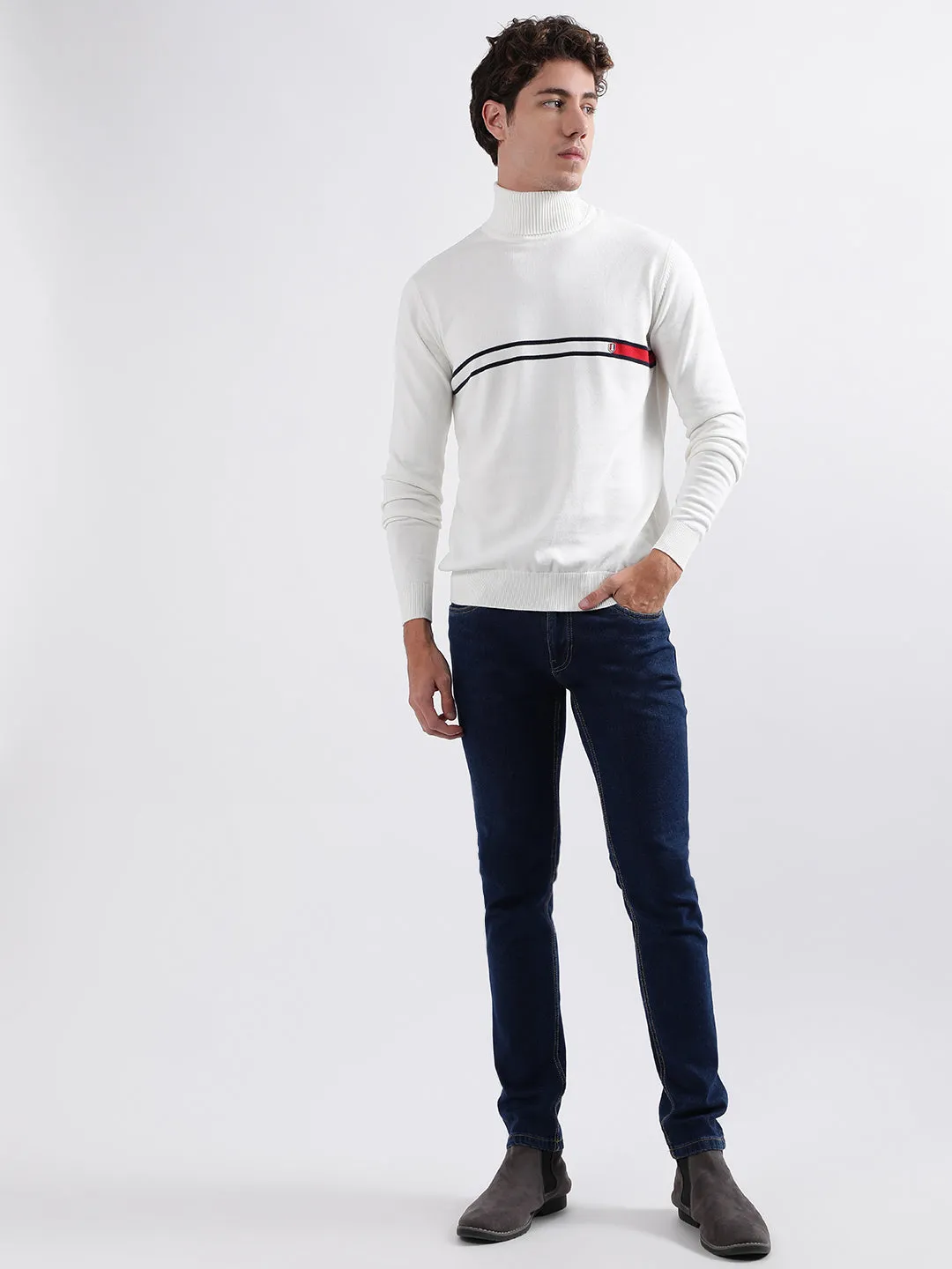 Iconic Men White Solid Turtle Neck Full Sleeves Pullover Style Sweater