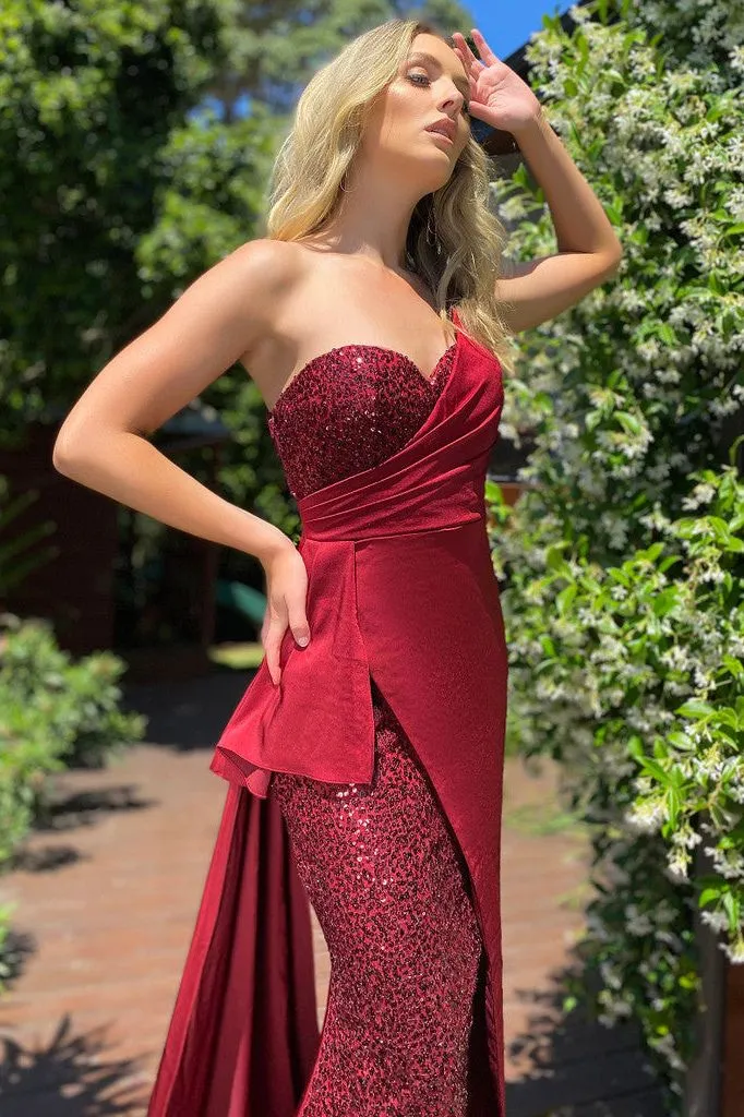 J'ADORE AUSTRALIA SEQUIN JERSEY  BALL  GOWN - MAROON