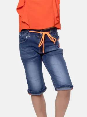 Junior Girl French Collection Faded Denim Capri with Neon Orange Drawstring - Blue