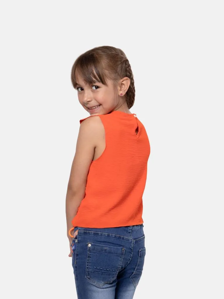 Junior Girl French Collection Faded Denim Capri with Neon Orange Drawstring - Blue