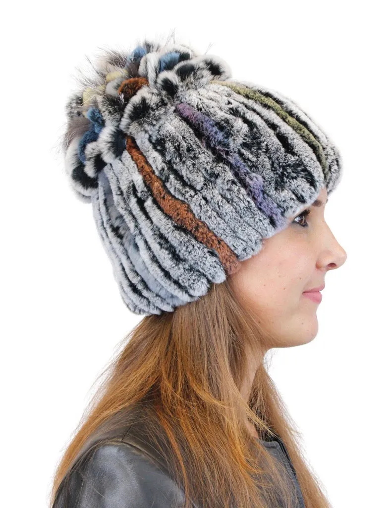 KNITTED REX RABBIT FUR & FOX FUR BEANIE, HAT