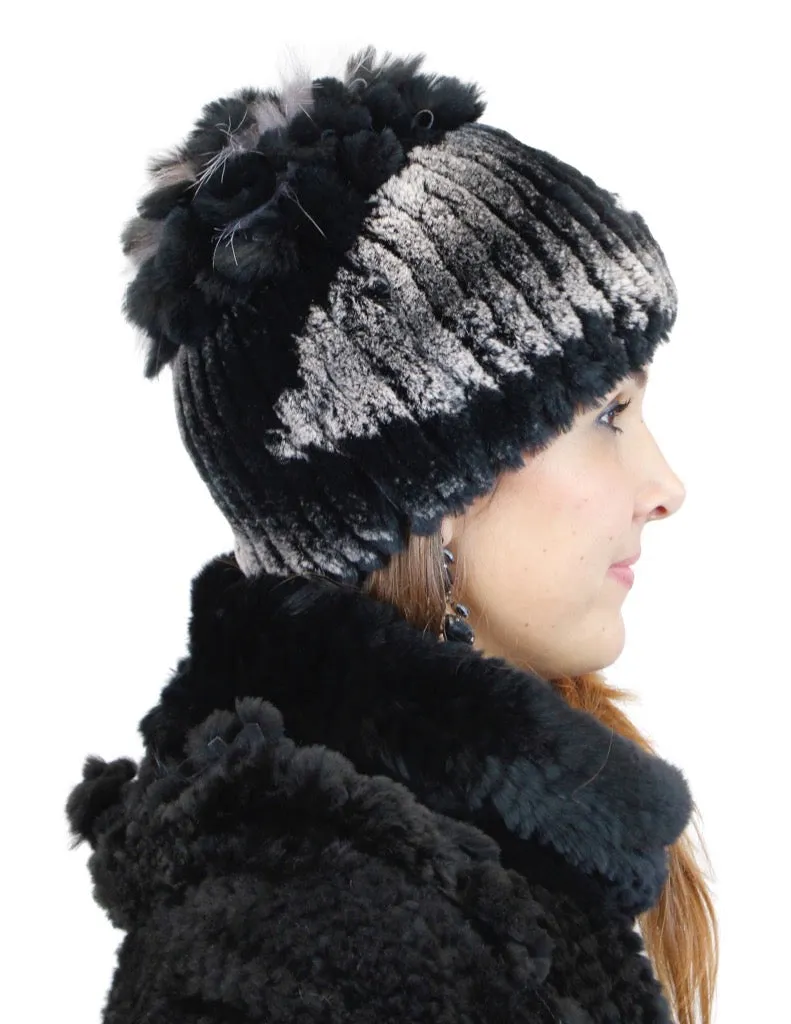 KNITTED REX RABBIT FUR & FOX FUR BEANIE, HAT