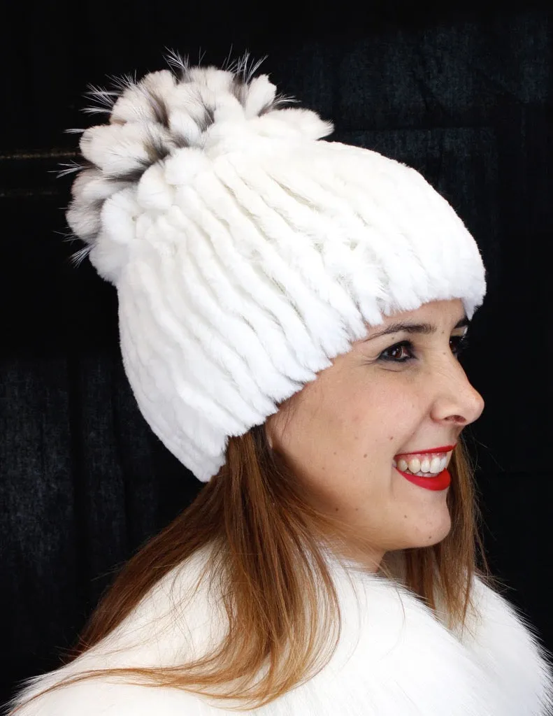 KNITTED REX RABBIT FUR & FOX FUR BEANIE, HAT