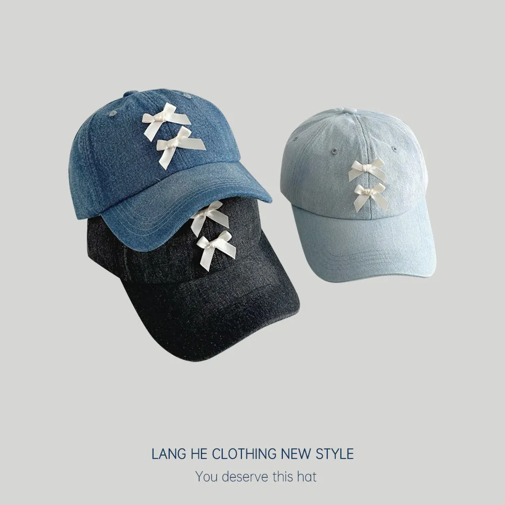 Lace bow denim baseball cap women's style face-showing small washed soft-top peaked summer sun protection hat