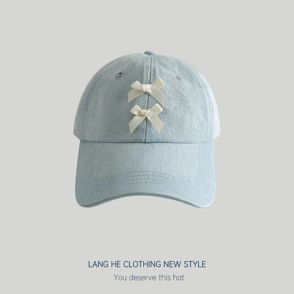 Lace bow denim baseball cap women's style face-showing small washed soft-top peaked summer sun protection hat