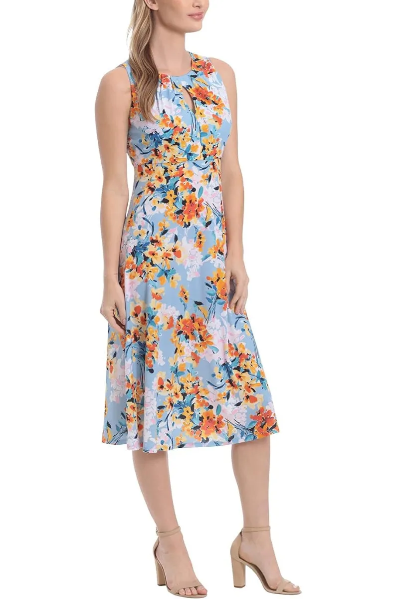 London Times Printed Sleeveless Versatile Empire A line Keyhole Neckline Midi Dress