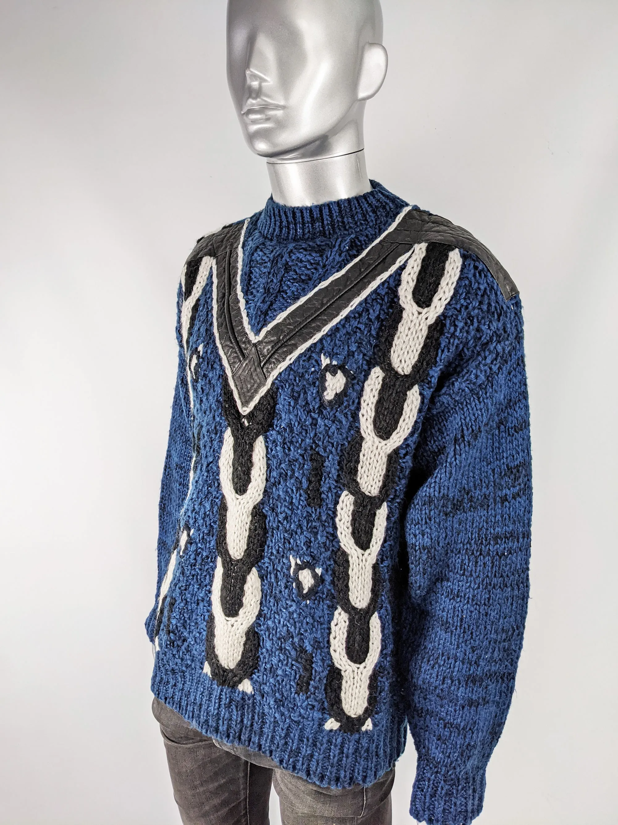 Mens Vintage Leather Trimmed Cable Knit Jumper, 1980s