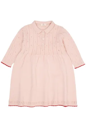 MERINO POINTELLE DRESS W. COLLAR - SOFT PINK/RED COMBI