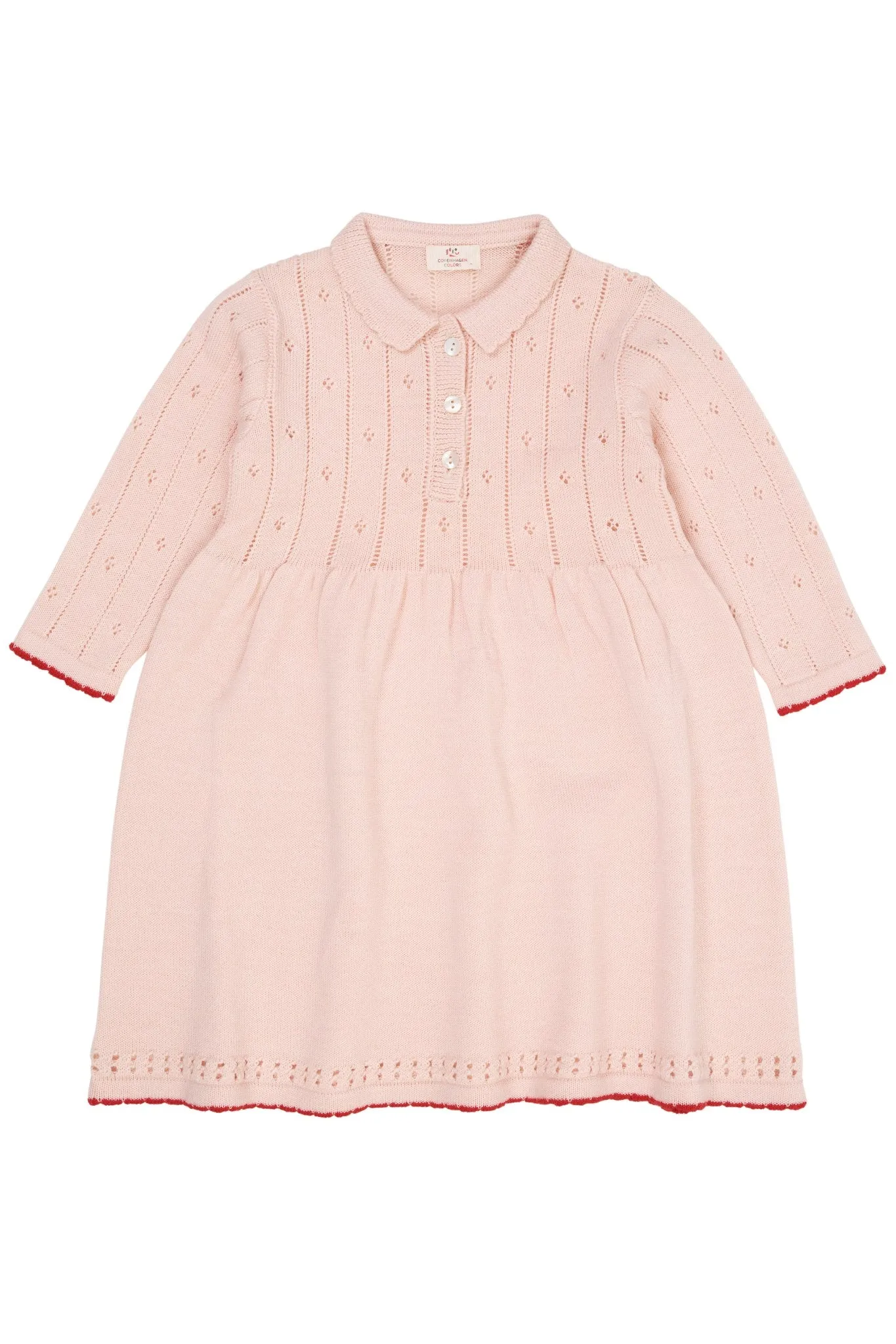 MERINO POINTELLE DRESS W. COLLAR - SOFT PINK/RED COMBI