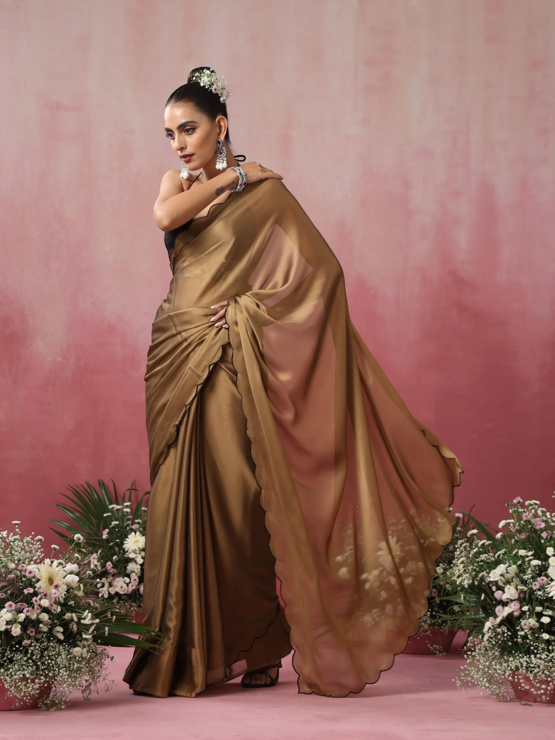 Nude Gold Dual Shade Chiffon Saree with Embroidered Scallop