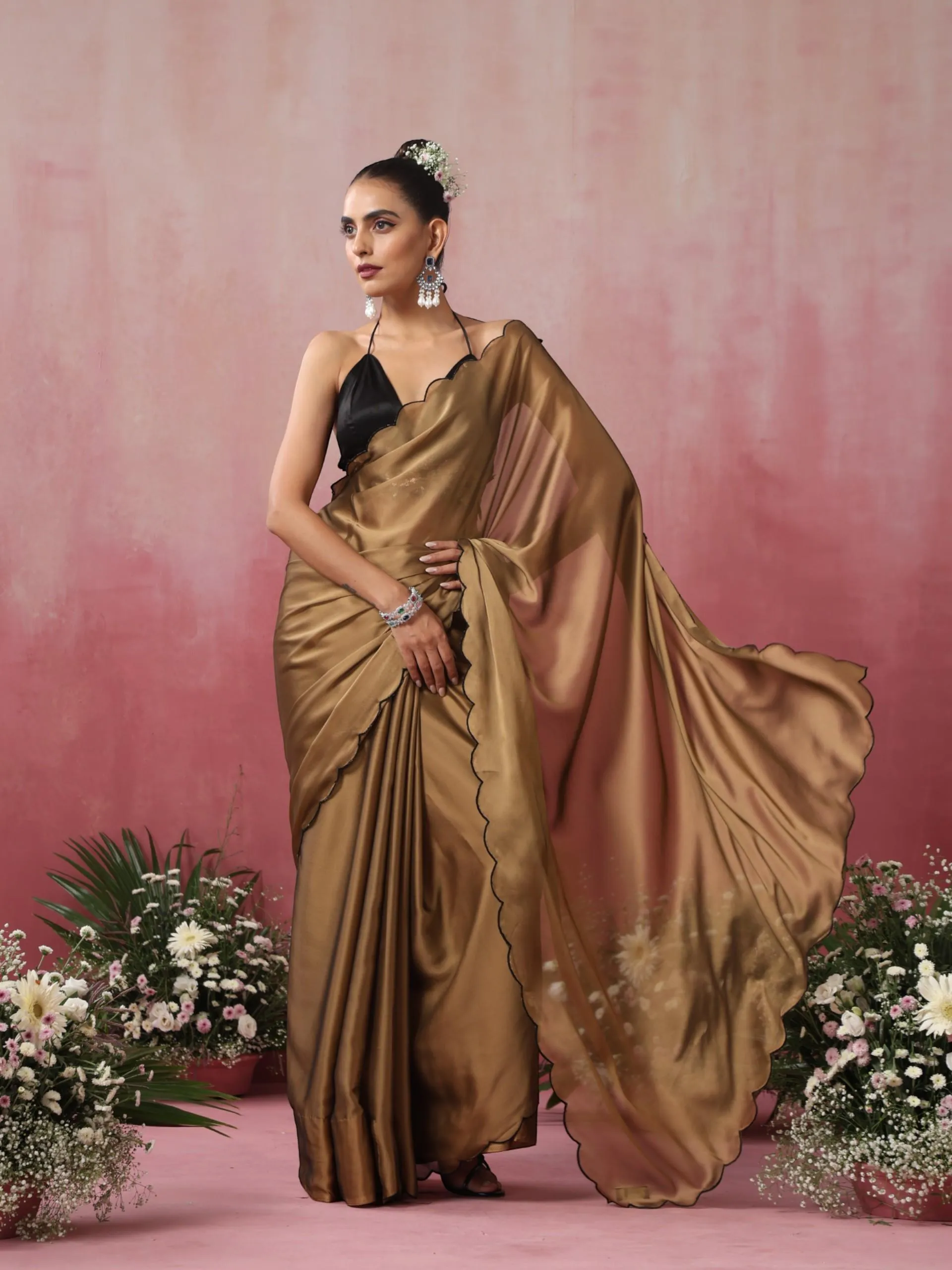 Nude Gold Dual Shade Chiffon Saree with Embroidered Scallop