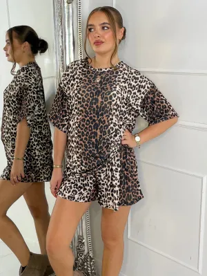 One Size T-shirt and Shorts Co-ord - Leopard Print