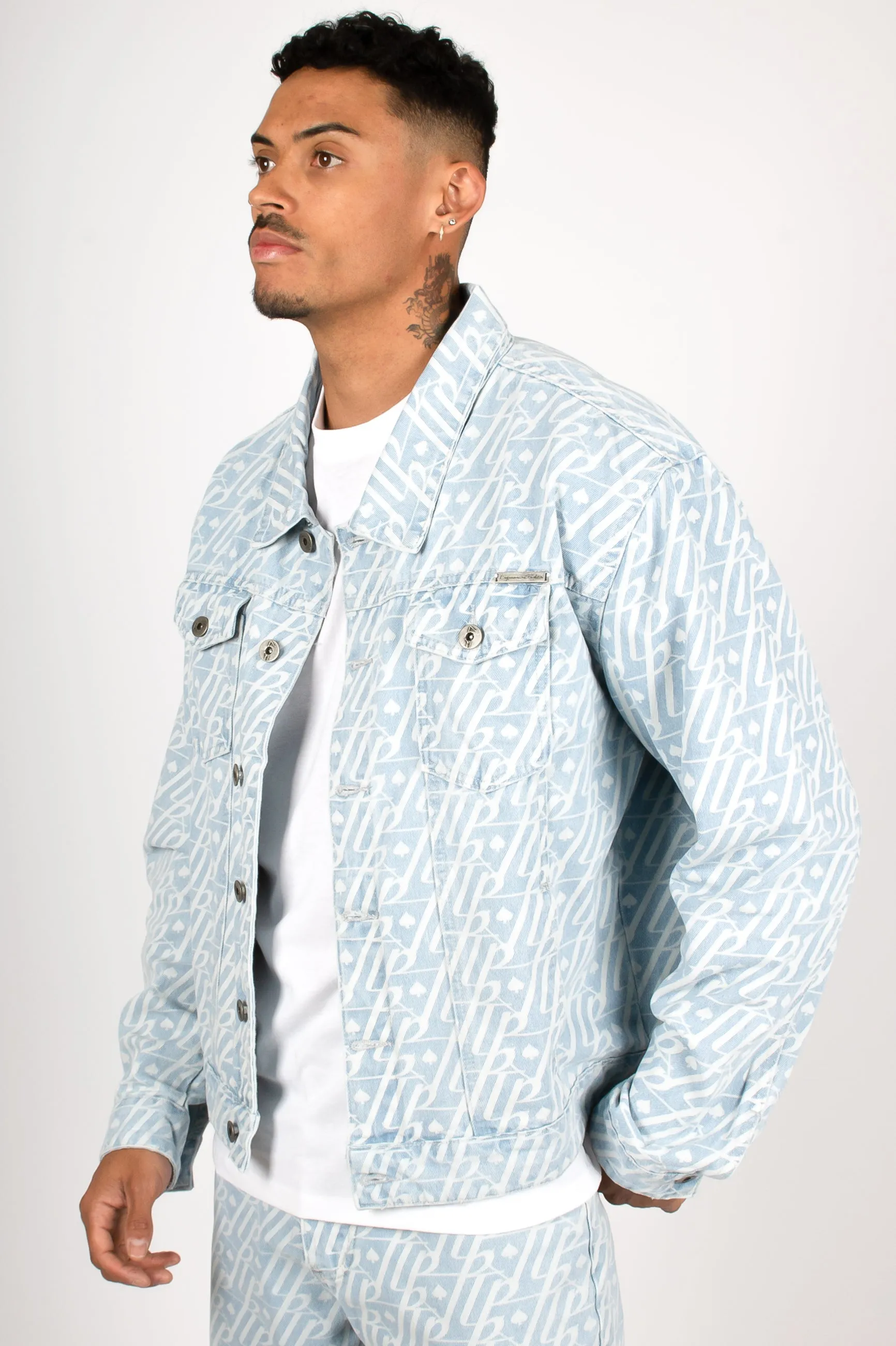 Oversized Lightwash Monogram Print Trucker Jacket