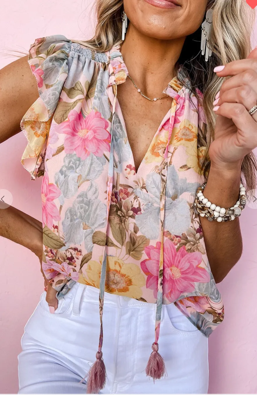 Pink Floral Tassel Top