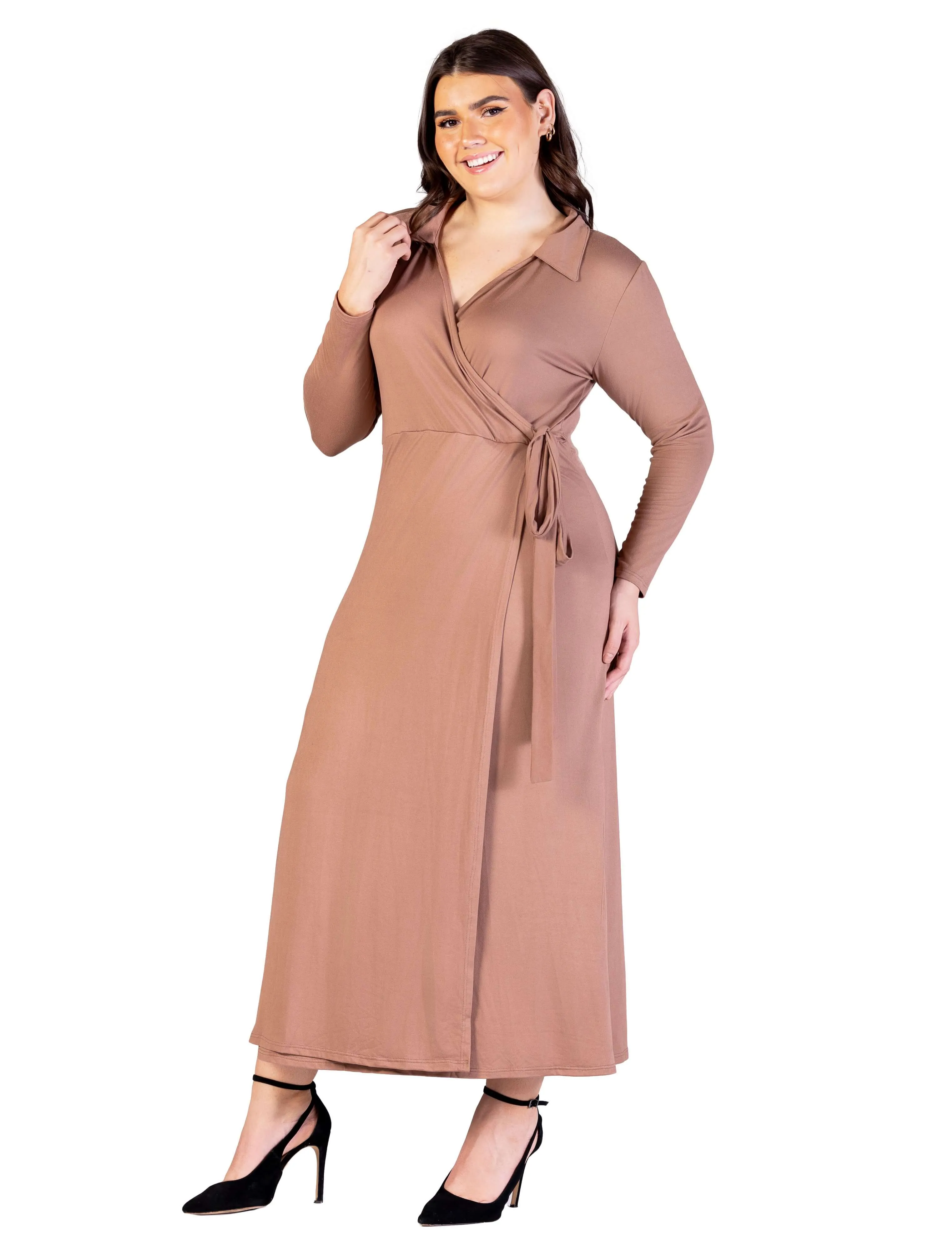 Plus Size Comfortable Collared Wrap Maxi Dress