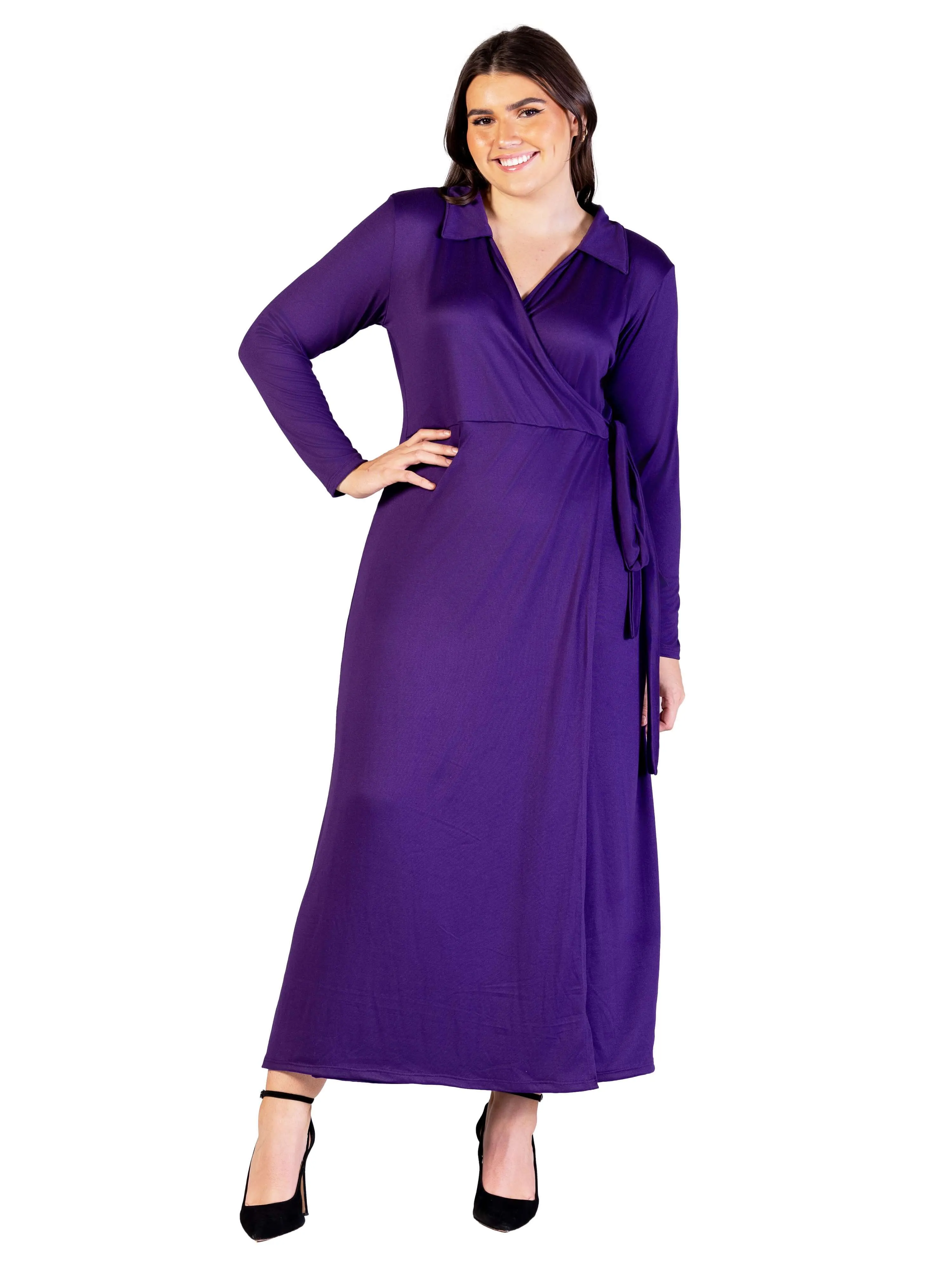 Plus Size Comfortable Collared Wrap Maxi Dress