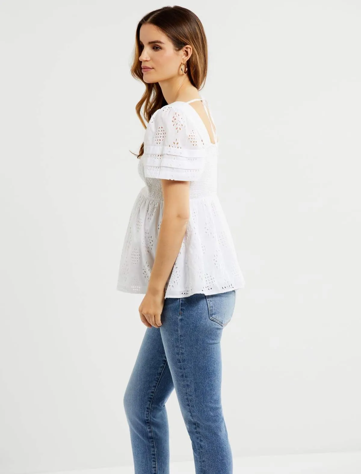 Puff Sleeve Maternity Top in White Eyelet