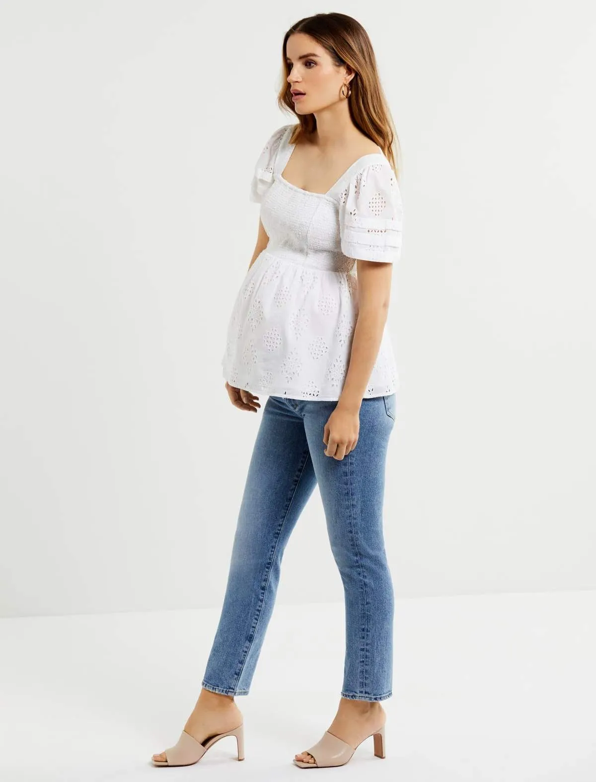 Puff Sleeve Maternity Top in White Eyelet